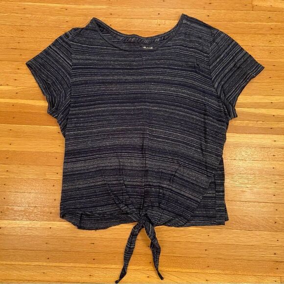 Madewell navy horizontal stripe short sleeve tie front top - Picture 1 of 3